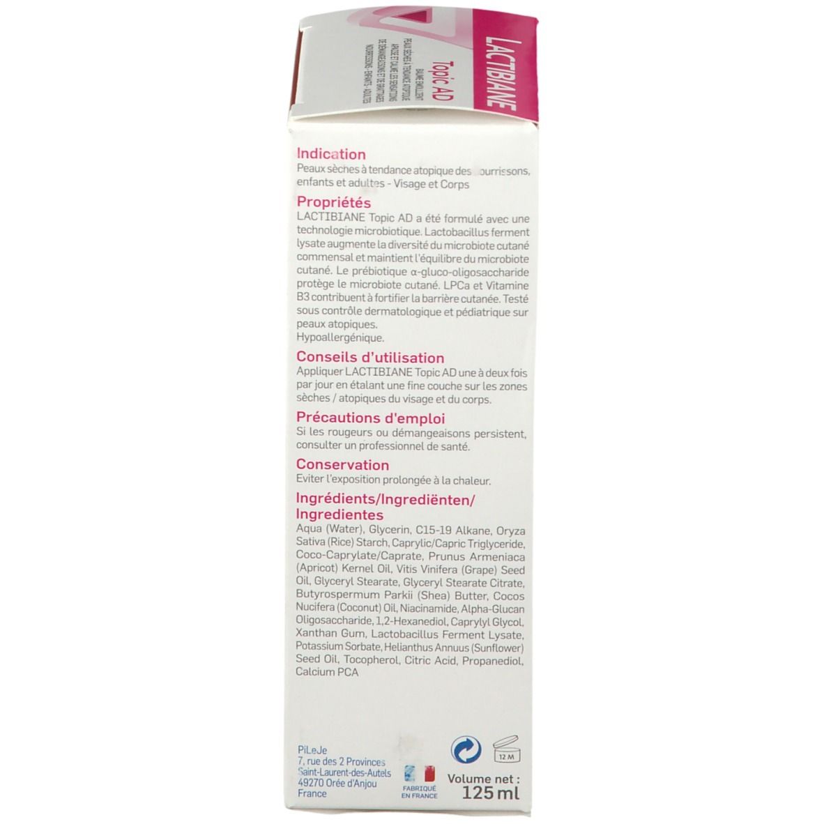 Seitenansicht der Kartonverpackung. Aufschrift: LACTIBIANE Topic AD. Text in Französisch. Volumen: 125 ml. Marke: PILEJE. Inhaltsstoffe.