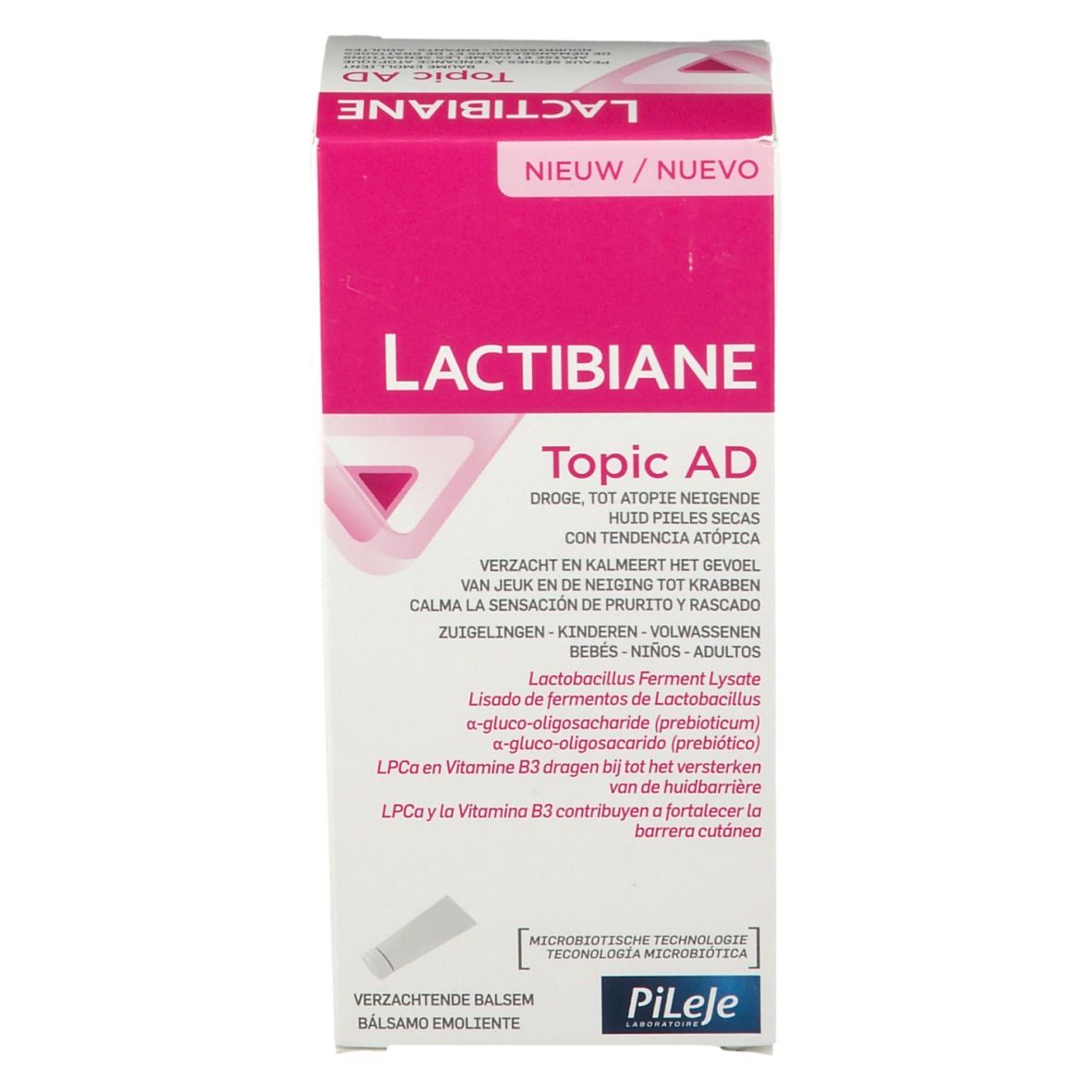 Kartonverpackung mit Aufschrift: LACTIBIANE Topic AD. Marke: PILEJE. Text in Französisch, Niederländisch und Spanisch. Neu-Etikett.