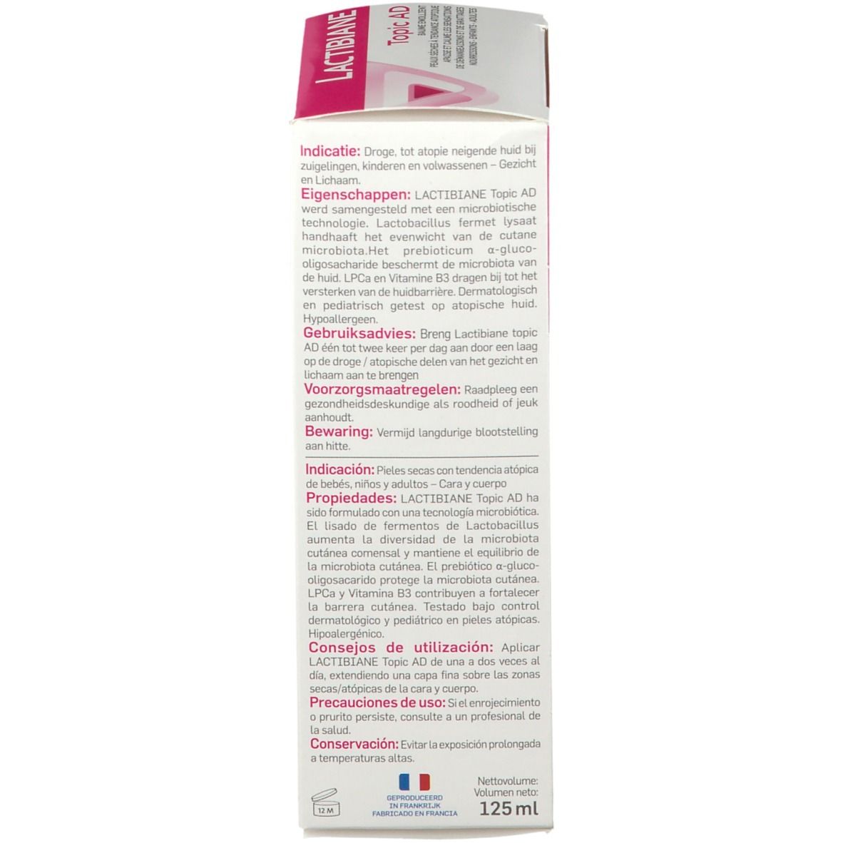 Seitenansicht der Kartonverpackung. Aufschrift: LACTIBIANE Topic AD. Text in Französisch, Niederländisch und Spanisch. Volumen: 125 ml.