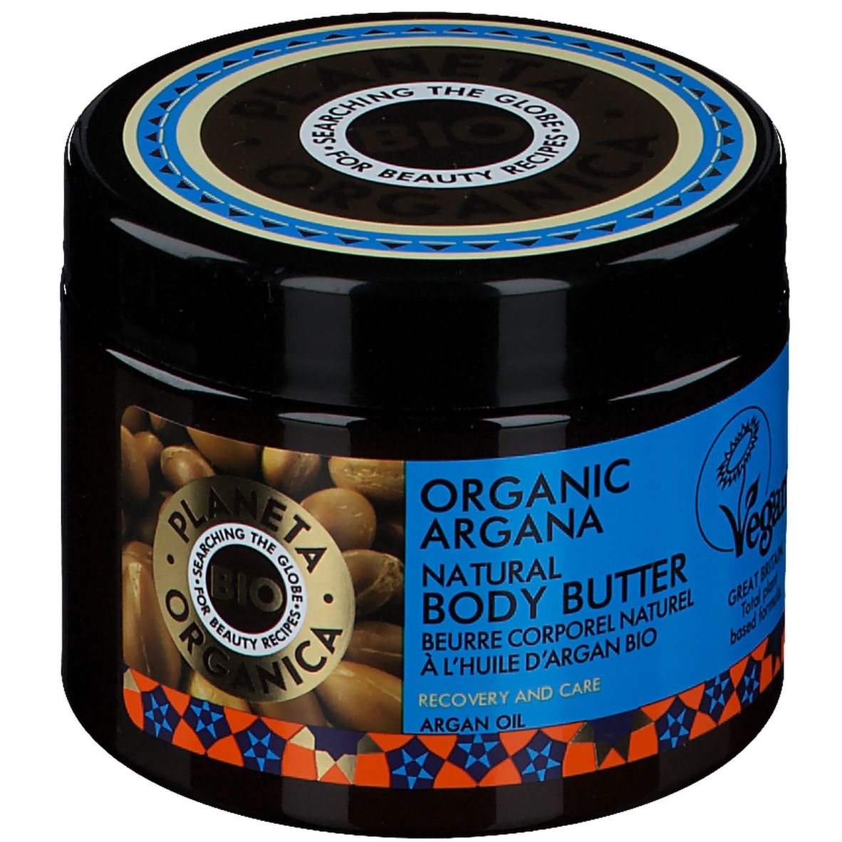 Pot noir avec étiquette bleue. Inscription: Organic Argana Natural Body Butter. Label Vegan. Huile d'argan.
