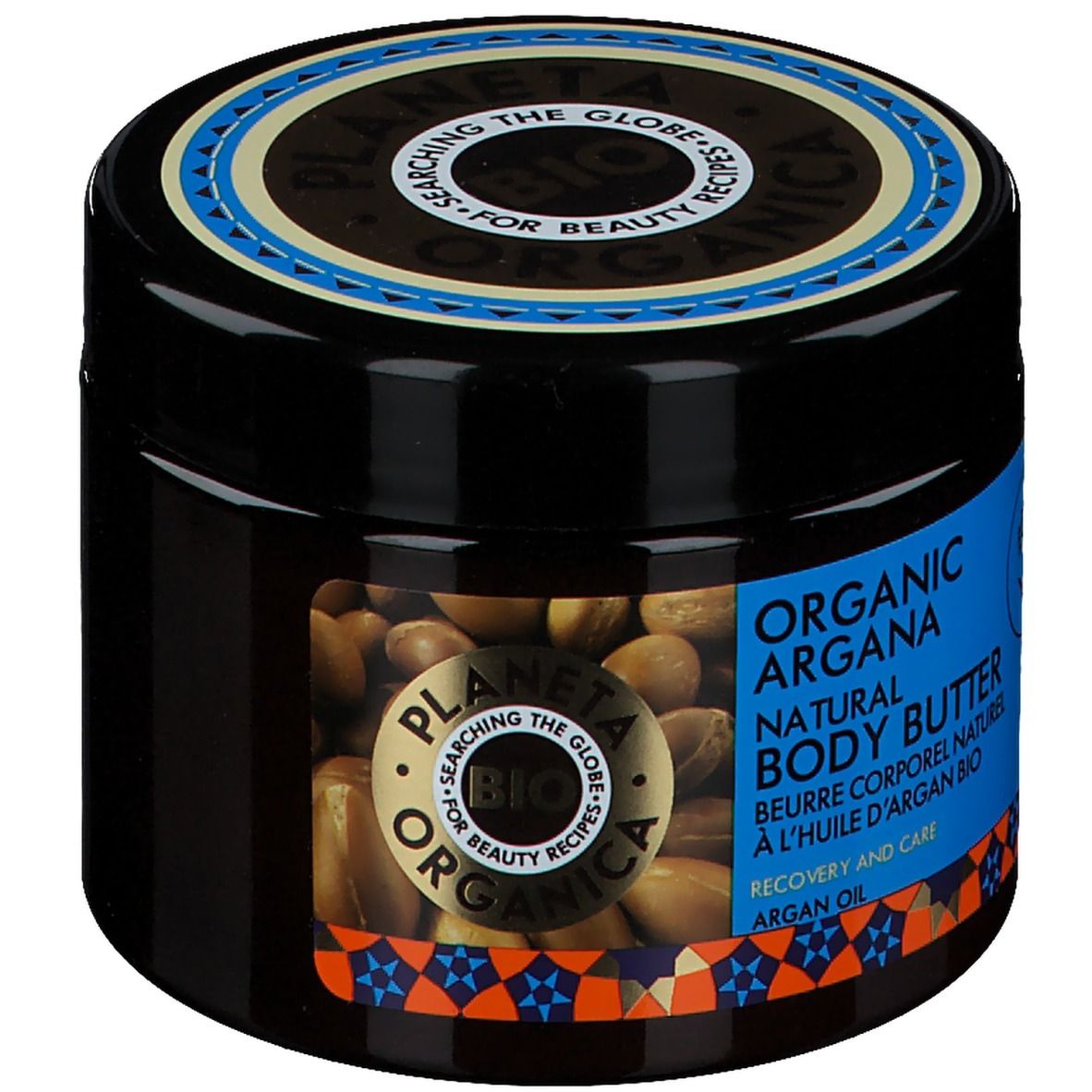 Pot noir avec étiquette bleue. Inscription: Organic Argana Natural Body Butter. Label Vegan. Huile d'argan.