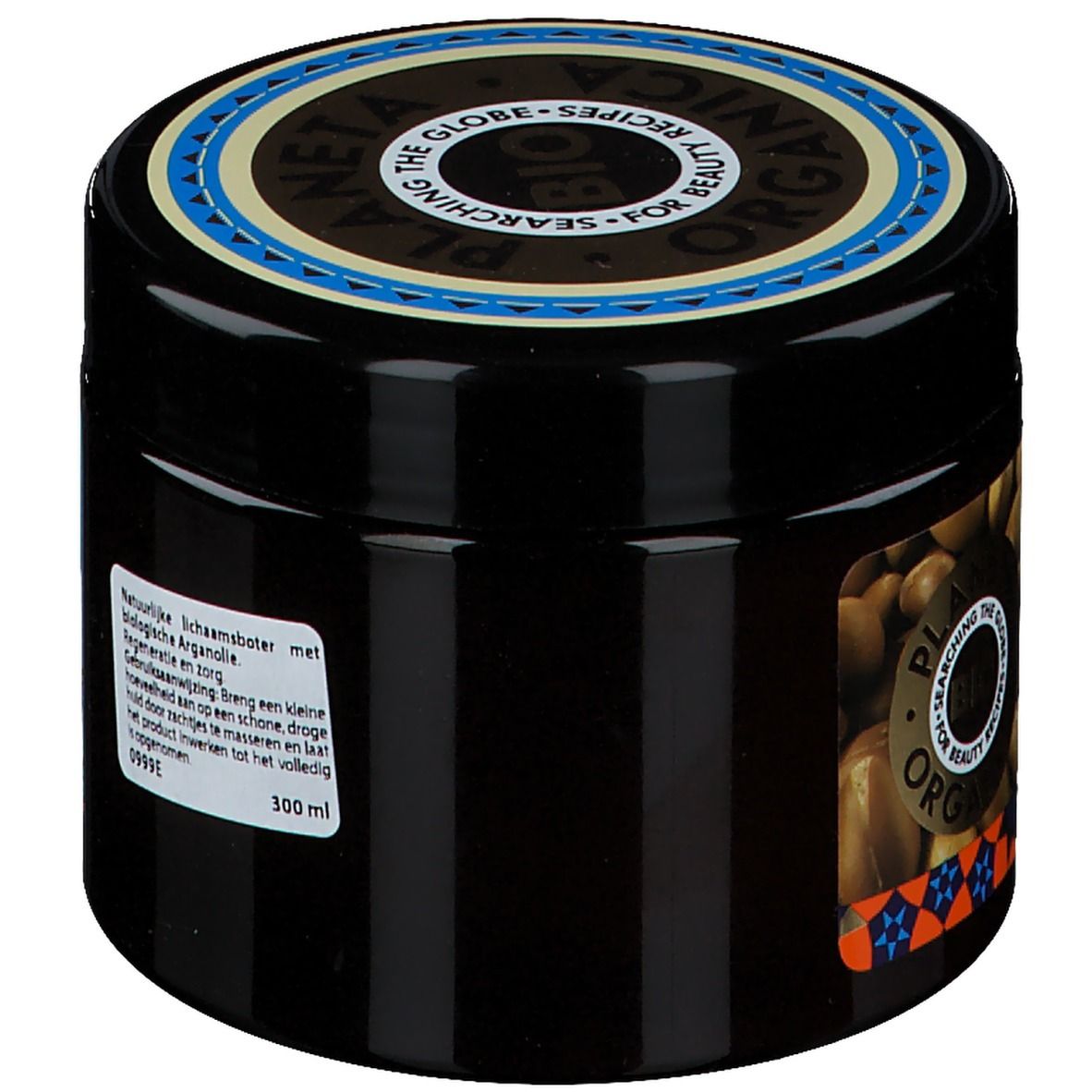 Pot noir avec étiquette bleue. Inscription: Organic Argana Natural Body Butter. Label Vegan. Huile d'argan.