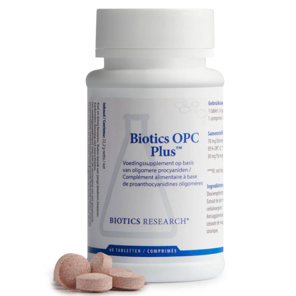 Flacon de comprimés avec comprimés à côté. Inscription : Biotics OPC Plus. Marque : Biotics Research. 60 comprimés.