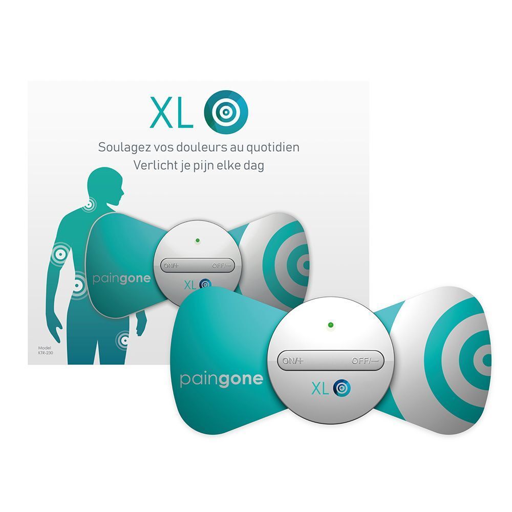 Paingone XL product. Blauw en wit. Twee apparaten met bediening. Tekst: XL.