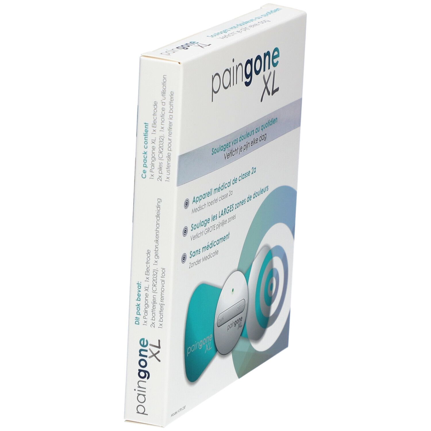 Verpakking Paingone XL. Wit, productnaam en info. Perspectief.