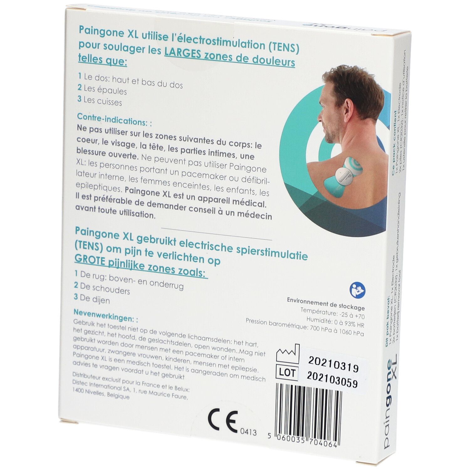 Achterkant Paingone XL verpakking. Tekst in Frans en Nederlands. CE-markering.