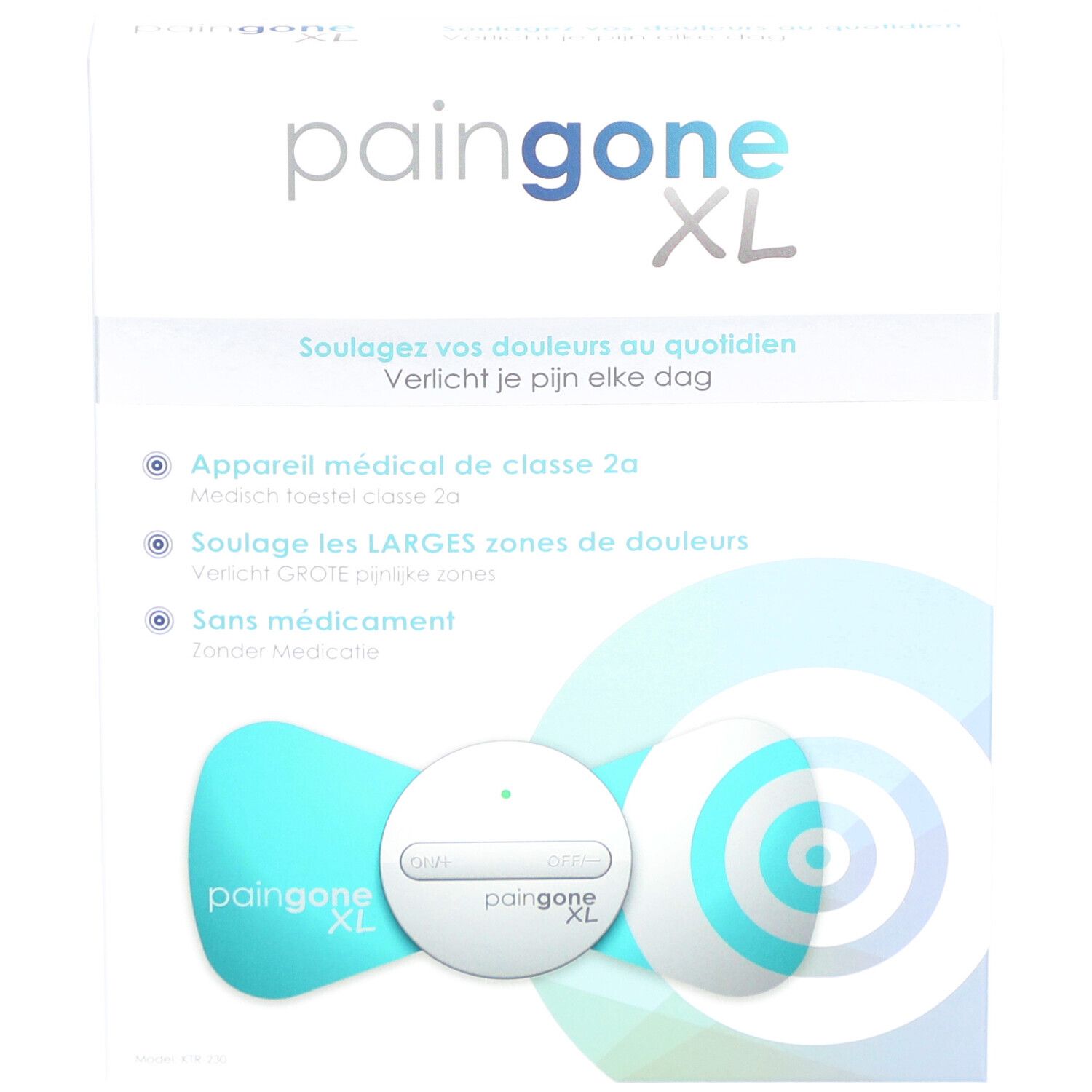 Paingone XL productillustratie. Wit en blauw. Productnaam en kenmerken.