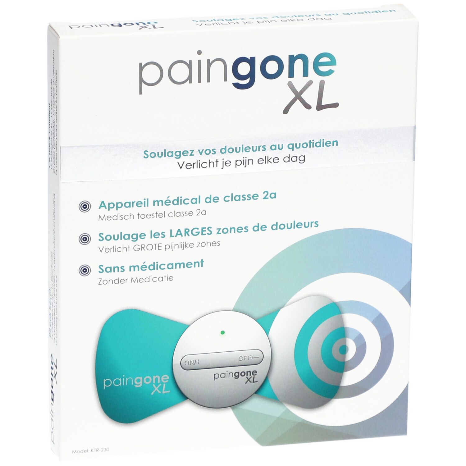 Verpakking Paingone XL. Wit en blauw. Productnaam en kenmerken.