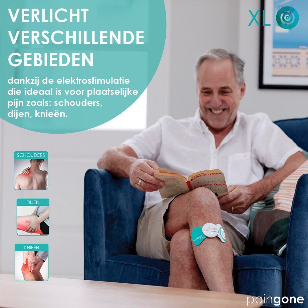 Man zit, Paingone XL op knie. Tekst: verlicht pijn in verschillende gebieden.