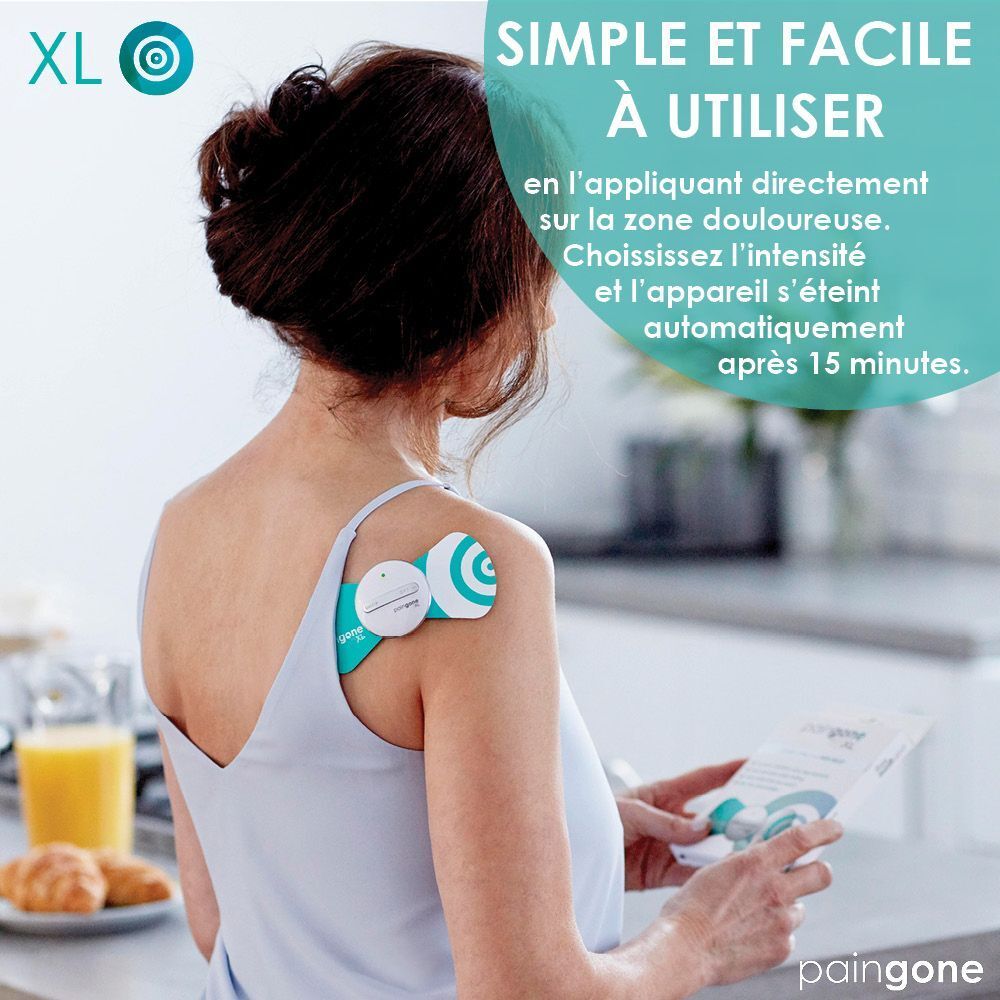 Femme avec Paingone XL dans le dos. Texte : Simple et facile à utiliser.