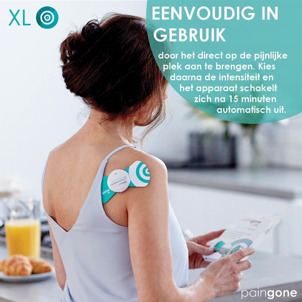 Vrouw met Paingone XL op rug. Tekst: Eenvoudig in gebruik.