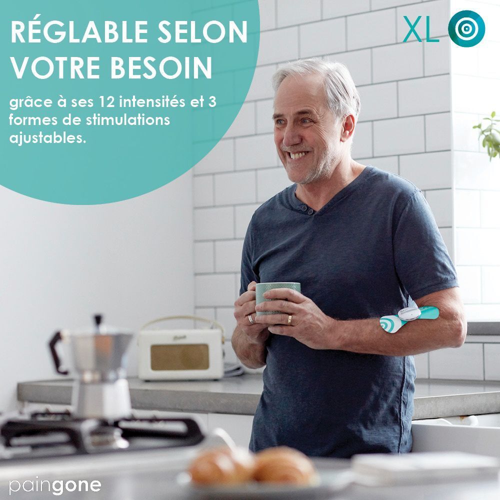 Homme avec Paingone XL au bras. Texte : Réglable selon votre besoin.