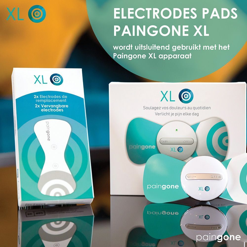 Verpakking met elektroden. Opschrift: Paingone XL, 2x vervangende elektroden. Nederlandse tekst.