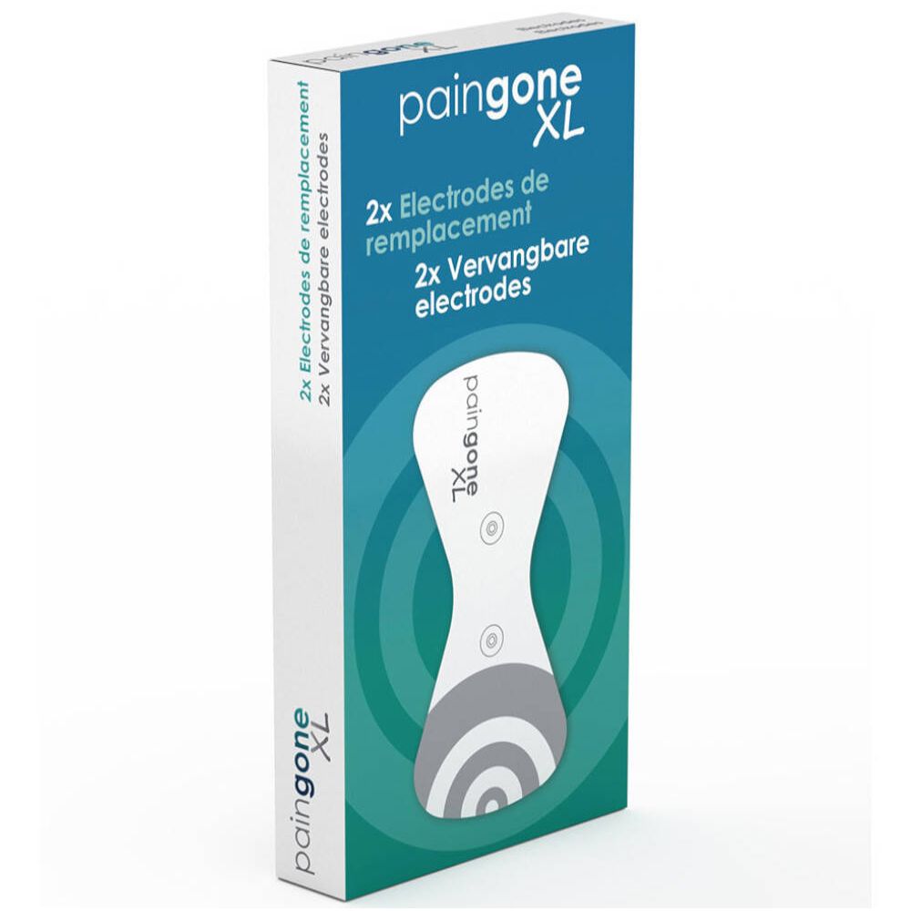 Boîte d'électrodes de remplacement Paingone XL. Texte: 2x Électrodes de remplacement. Emballage blanc et bleu avec image du produit.