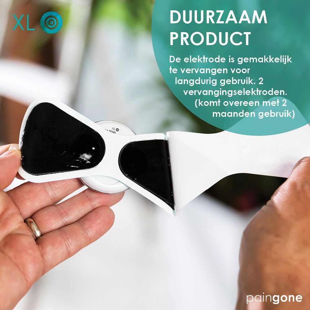 Verpakking met elektroden. Opschrift: Paingone XL, 2x vervangende elektroden. Nederlandse tekst.
