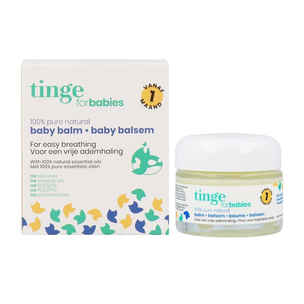 Pot de baume pour bébé Tinge for babies avec couvercle blanc et boîte. Inscription : 100% naturel.