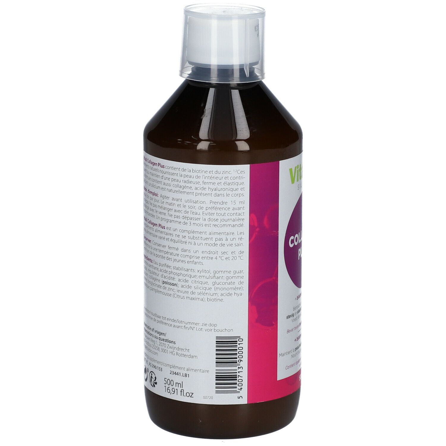 Achterkant van de VitaSil Silicium Collagen Plus fles. Tekst in het Frans. Ingrediëntenlijst en voedingsinformatie. 500 ml.
