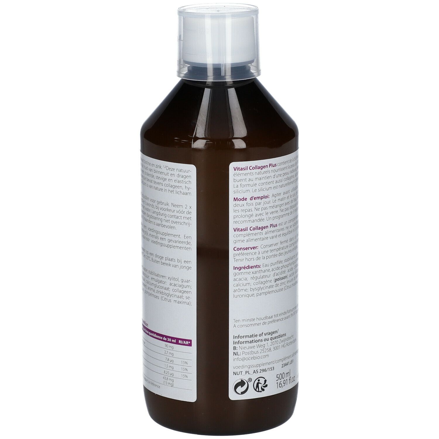 Achterkant van de VitaSil Silicium Collagen Plus fles. Tekst in het Frans. Ingrediëntenlijst en voedingsinformatie. 500 ml.