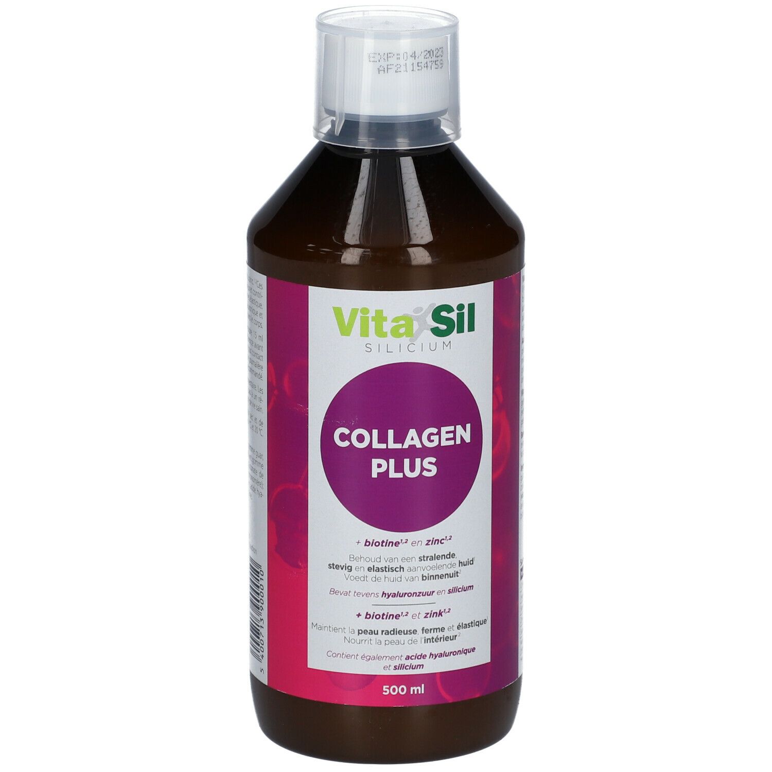 VitaSil Silicium Collagen Plus. Fles met vloeistof. Paars etiket met productnaam en ingrediënten. 500 ml.
