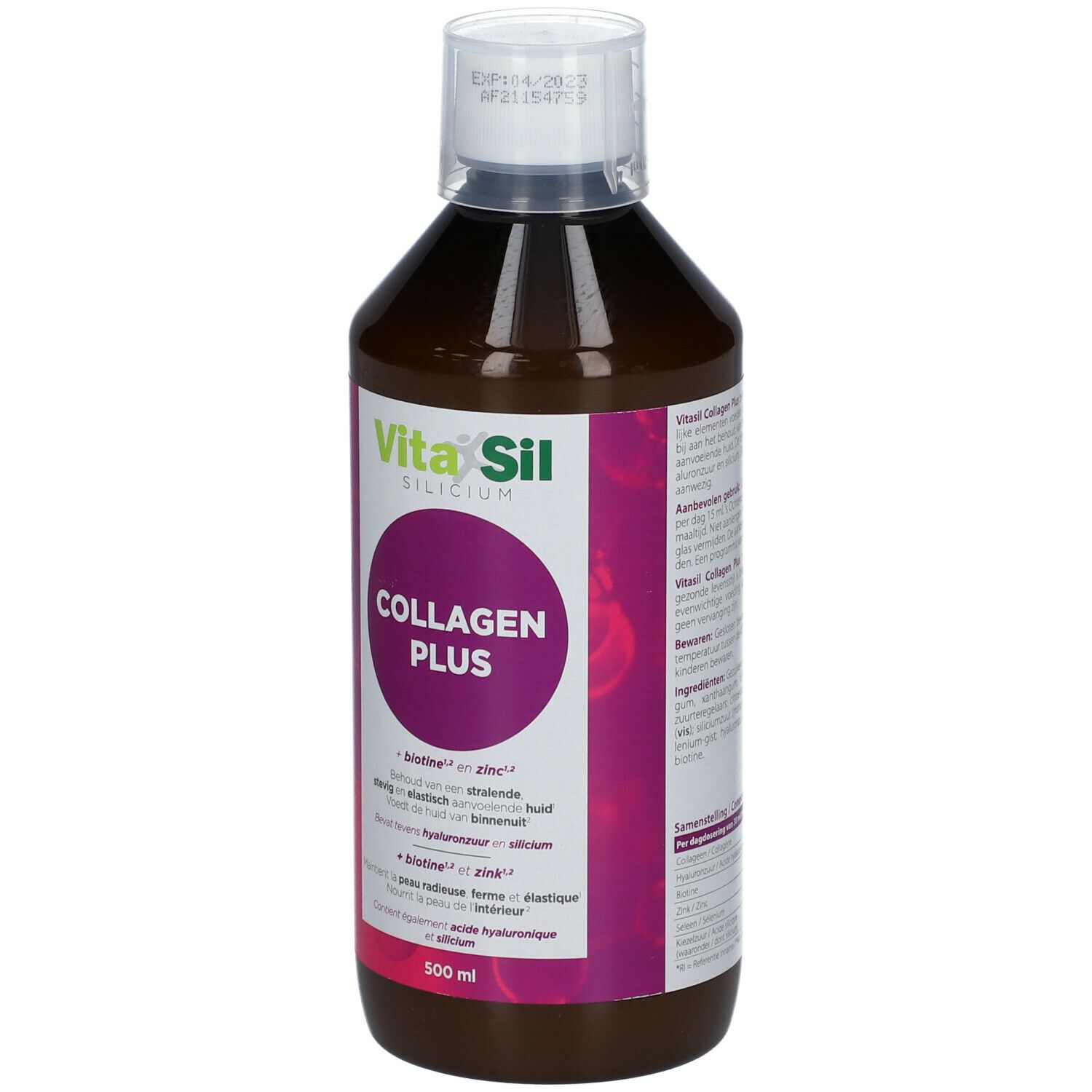 VitaSil Silicium Collagen Plus. Fles met vloeistof. Paars etiket met productnaam en ingrediënten. 500 ml.