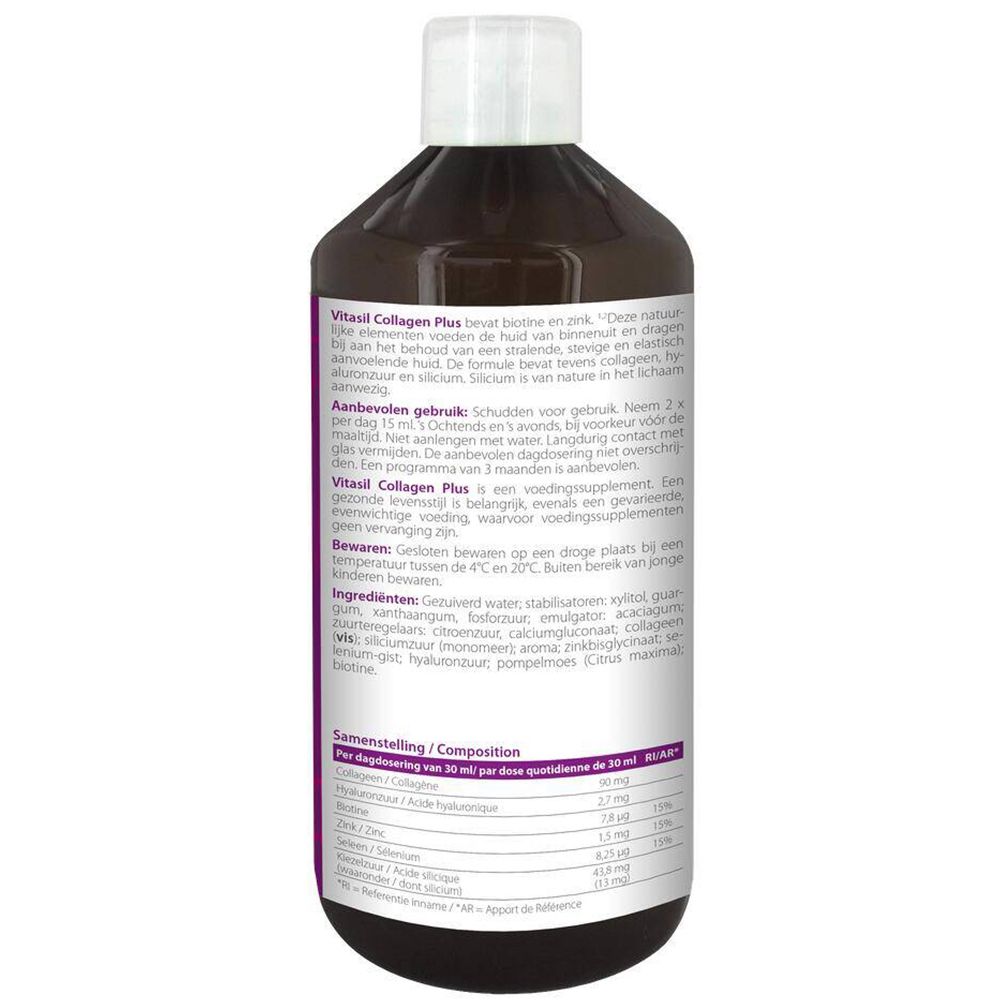 Achterkant van de VitaSil Silicium Collagen Plus fles. Tekst in het Nederlands. Ingrediëntenlijst en voedingsinformatie.