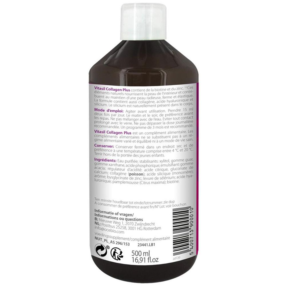 Achterkant van de VitaSil Silicium Collagen Plus fles. Tekst in het Frans. Ingrediëntenlijst en voedingsinformatie. 500 ml.