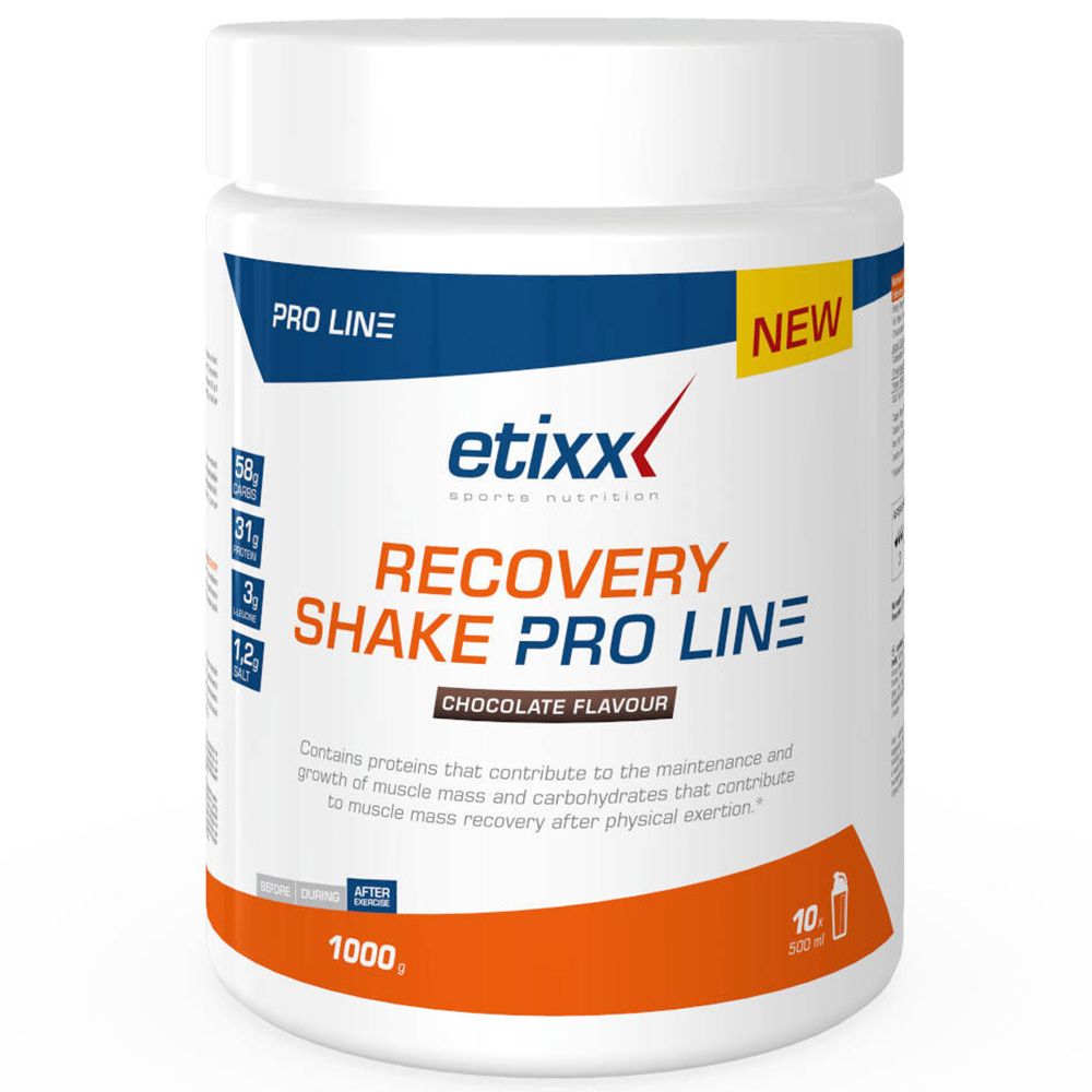 Récipient blanc avec texte bleu et orange. Inscription: Etixx Recovery Shake Pro Line Chocolat. Avec autocollant 'NEW'.