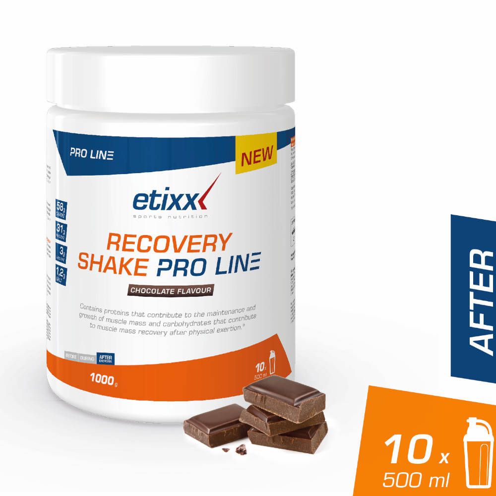 Récipient blanc avec morceaux de chocolat. Inscription: Etixx Recovery Shake Pro Line Chocolat. Avec autocollant 'NEW'. 10x500ml.