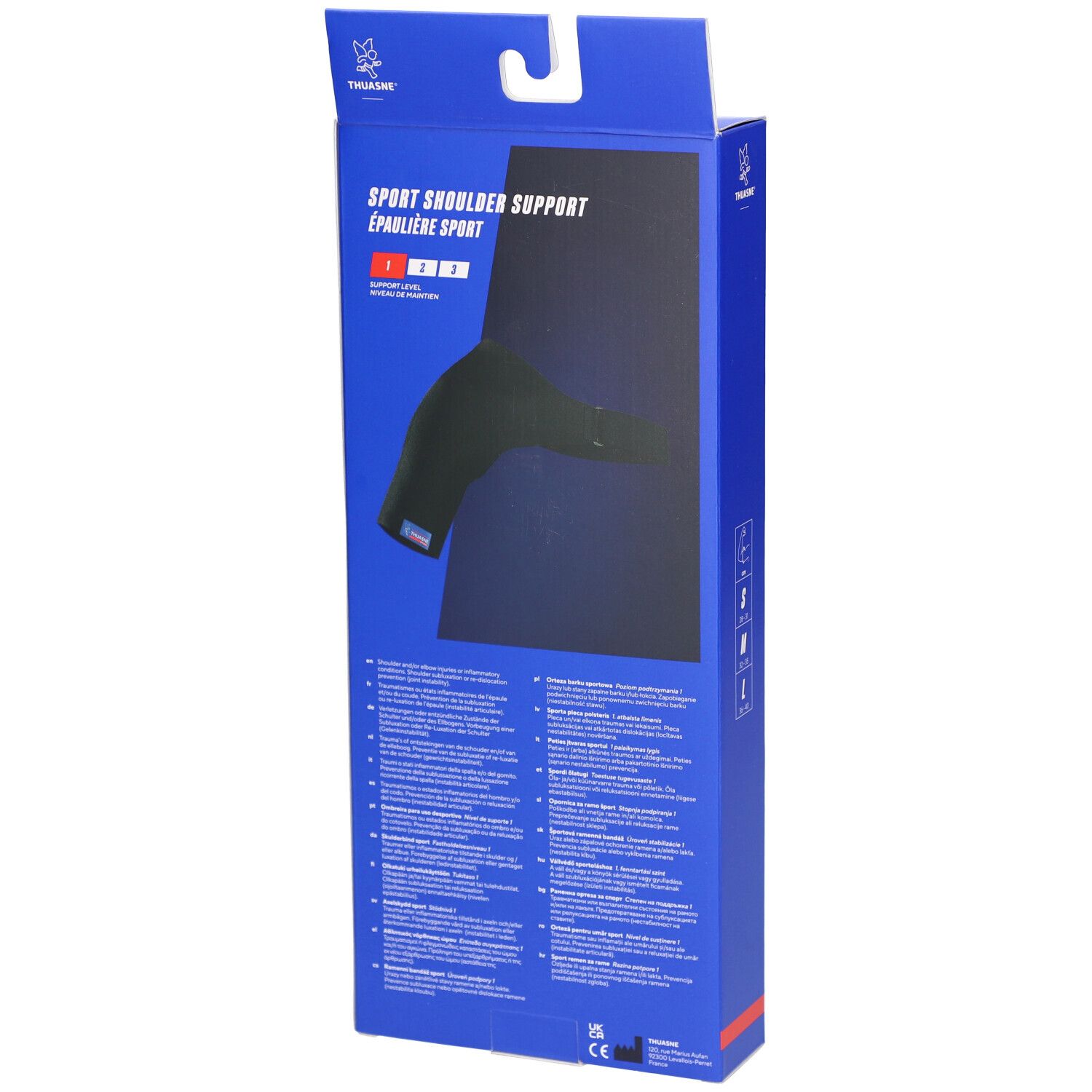 Dos de l'emballage de l'épaule de sport. Inscription: Sport Shoulder Support. Texte en plusieurs langues.