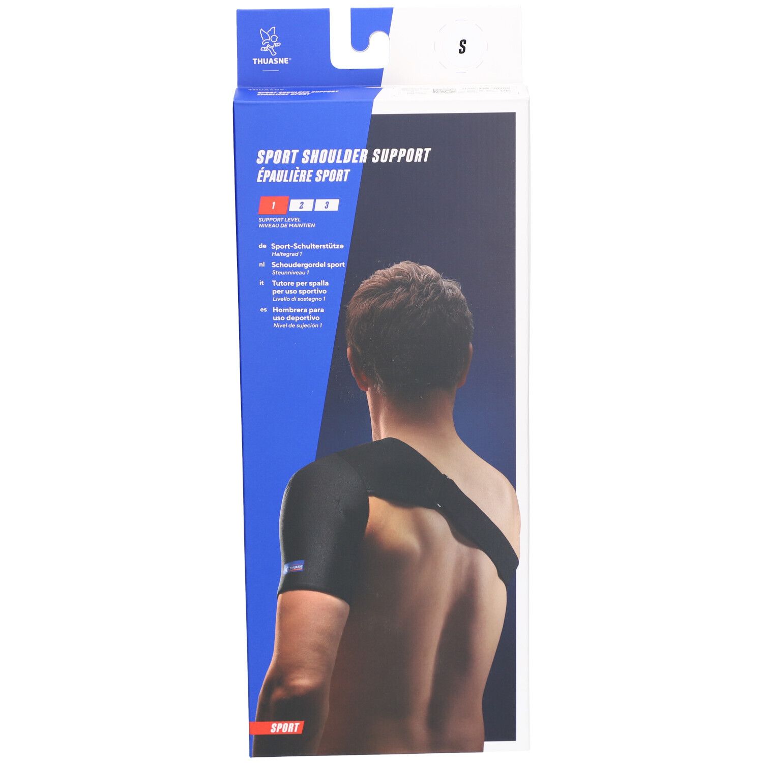 Emballage de l'épaule de sport. Inscription: Sport Shoulder Support, taille S. Illustration du produit sur un corps.
