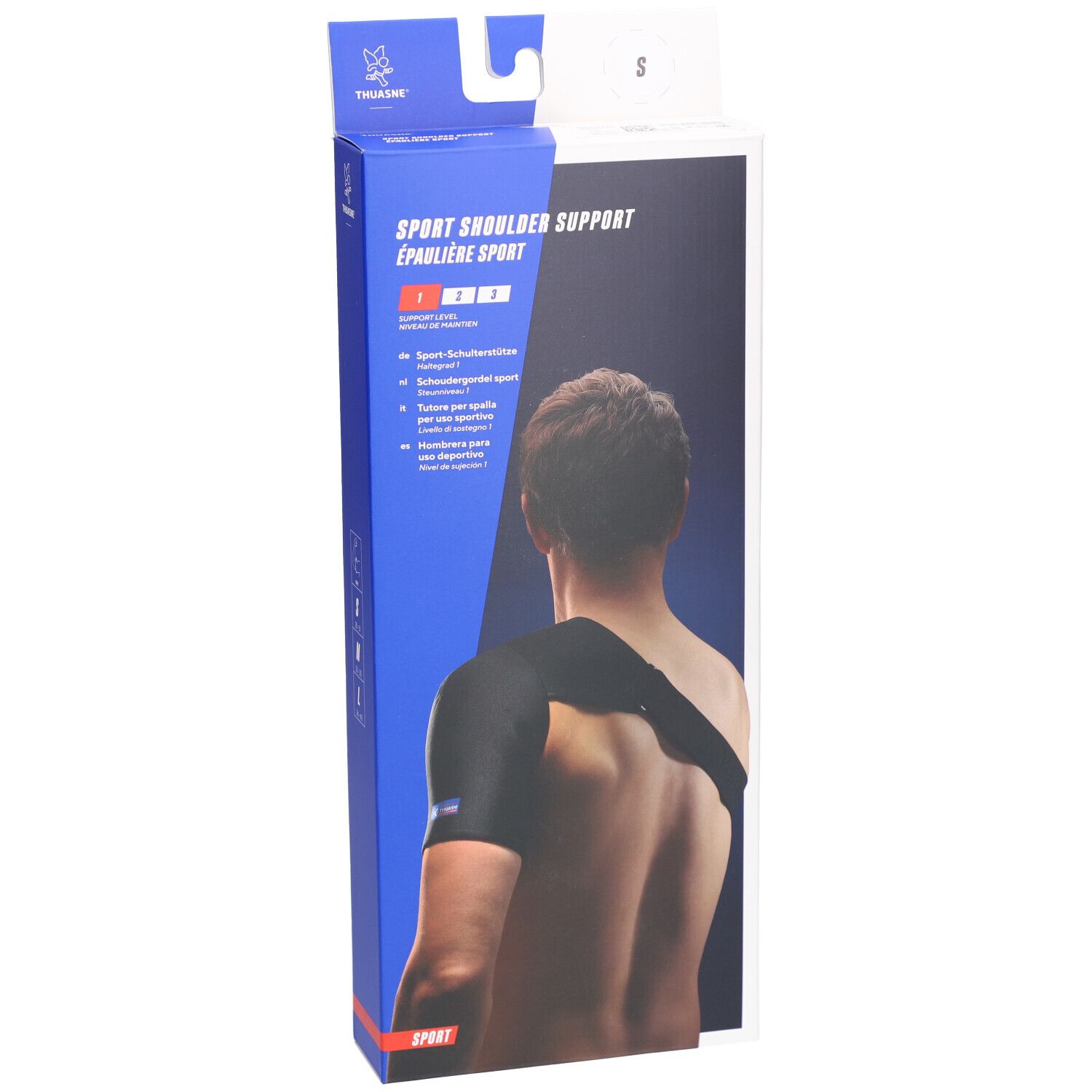 Emballage de l'épaule de sport. Inscription: Sport Shoulder Support, taille S. Illustration du produit sur un corps.