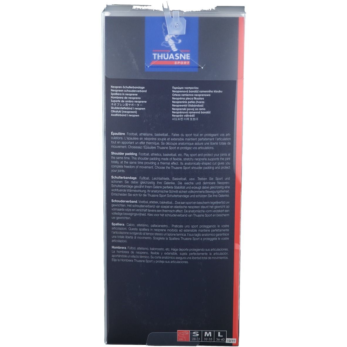 Dos de l'emballage. Texte et logo Thuasne Sport. Indications de taille S, M, L.
