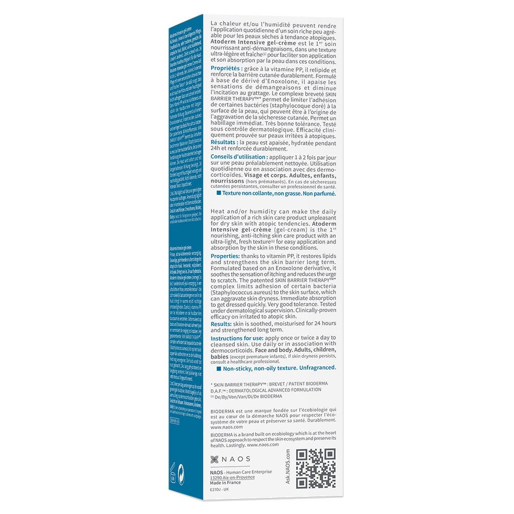 Emballage bleu. Texte multilingue. Contient des informations sur l'utilisation et les ingrédients. Code QR et logos.