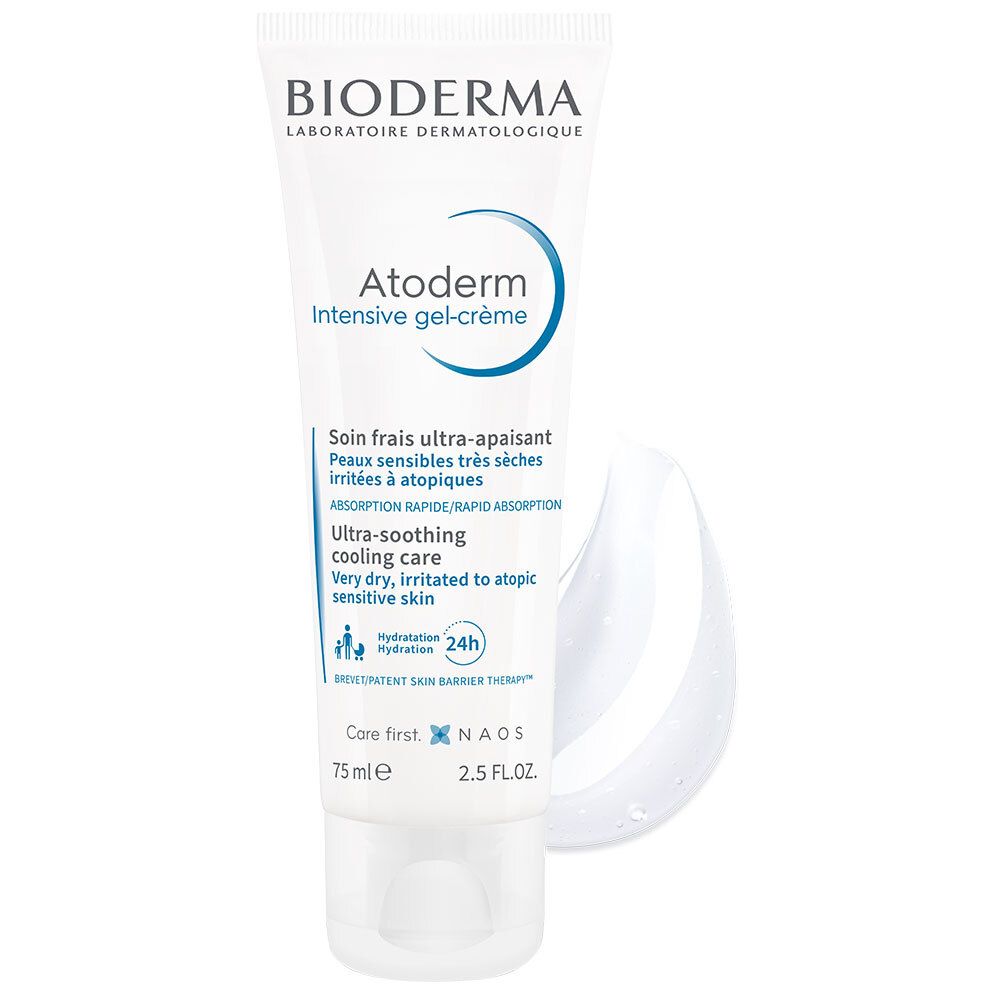 Tube blanc, étiquette bleue. Inscription: Bioderma, Atoderm Intensive gel-crème. 75 ml. Coulée de gel-crème.