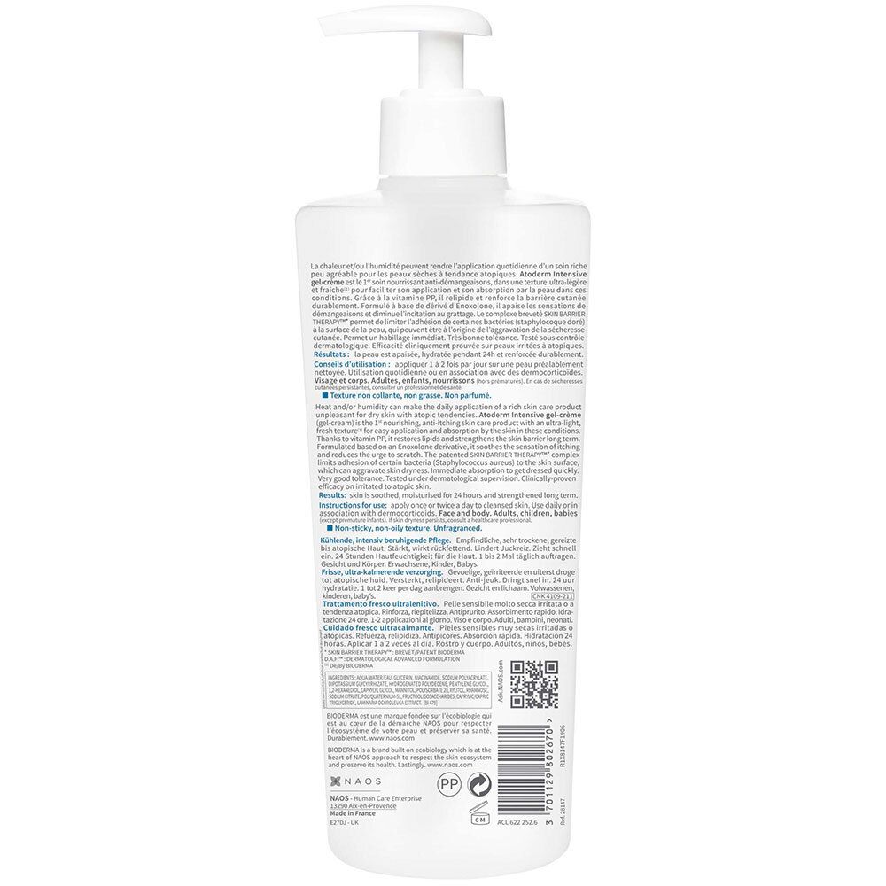 Dos du flacon blanc avec texte. Code QR et informations du fabricant visibles.