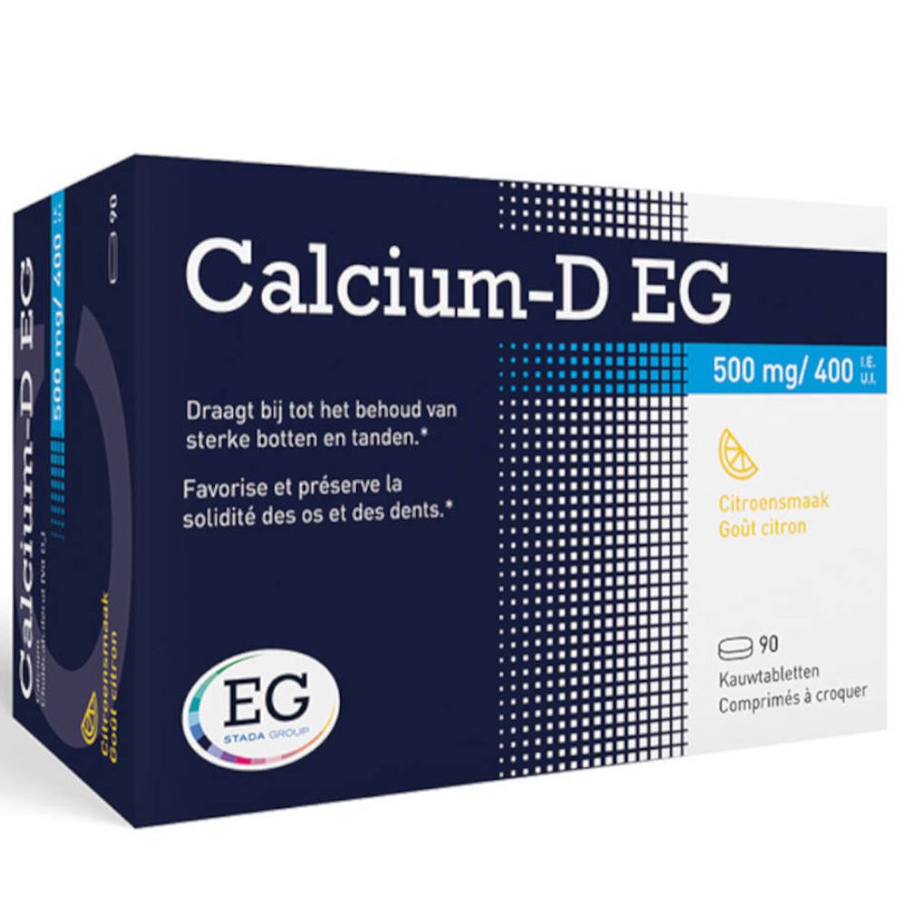 Verpakking van Calcium-D EG. Bevat 90 kauwtabletten. Opschrift: 500 mg / 400 I.E. Citroensmaak. EG-logo.
