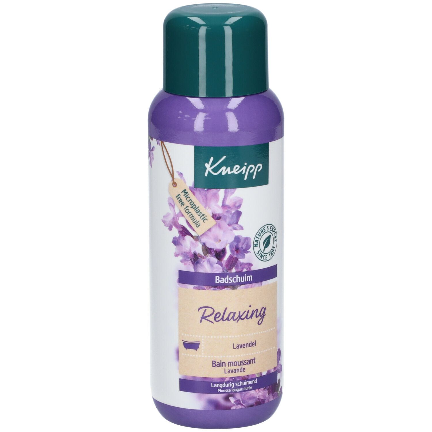 Flacon de liquide violet et bouchon vert. Étiquette avec nom du produit, illustration de lavande et logo Kneipp.
