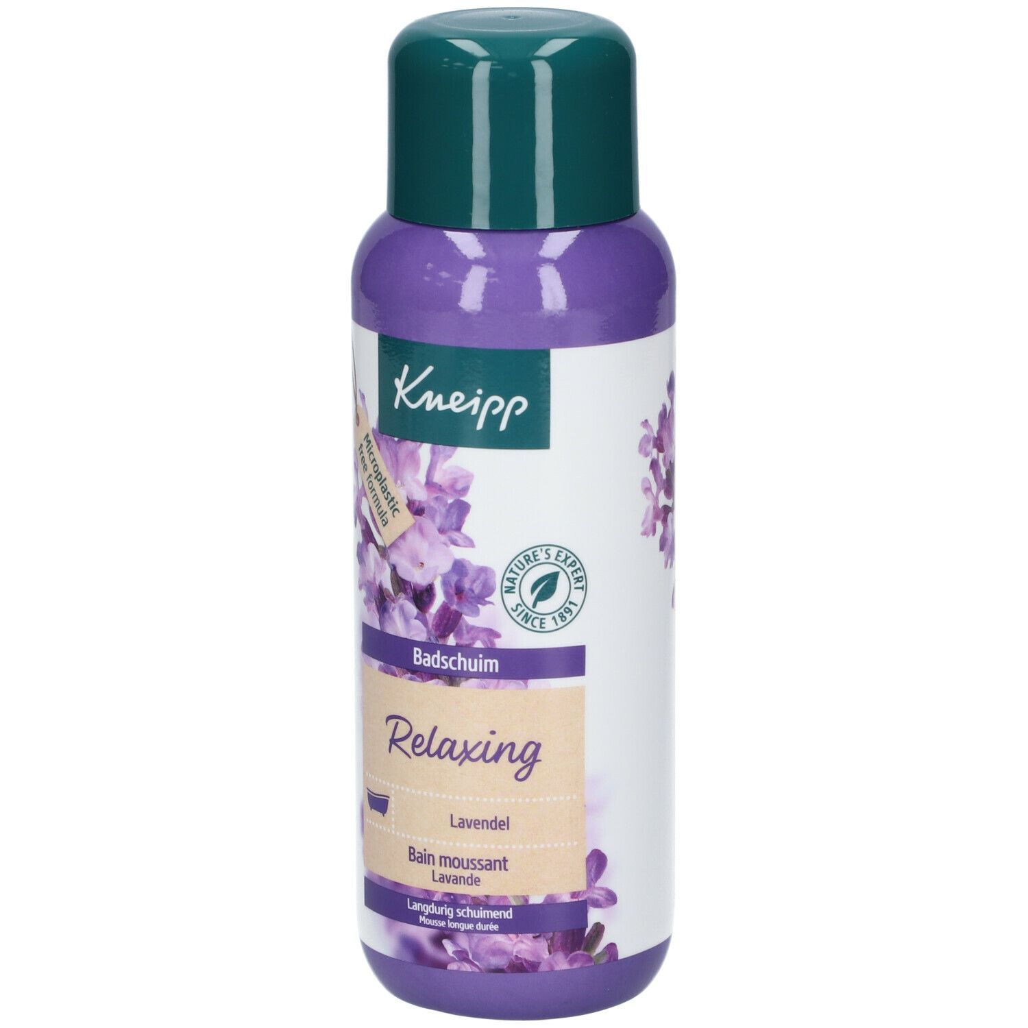 Flacon de liquide violet et bouchon vert. Étiquette avec nom du produit, illustration de lavande et logo Kneipp.