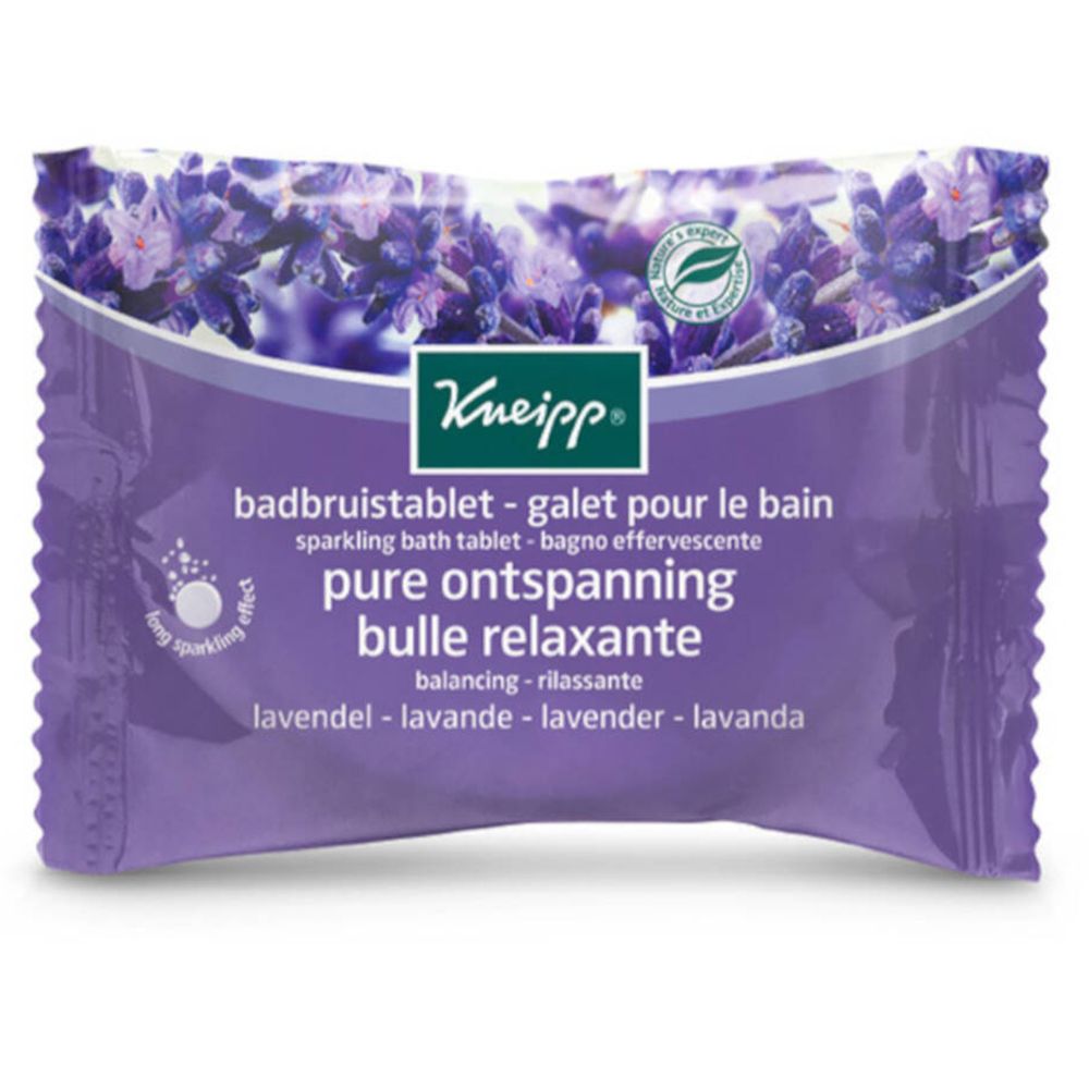 Paarse verpakking met Kneipp-logo en lavendelafbeelding. Tekst: bruistablet, lavendel, ontspannend.