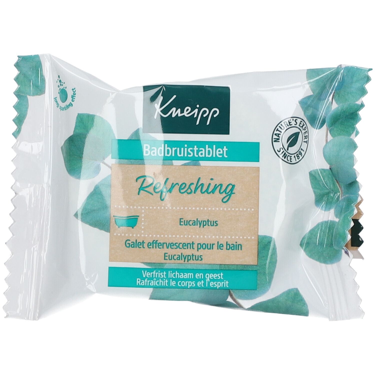 Tablette effervescente Kneipp Eukalyptus emballée. Nom du produit, feuilles vertes et label de qualité visibles.