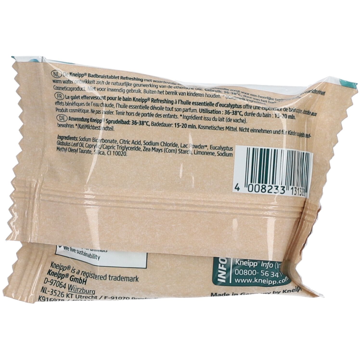Dos de l'emballage de la tablette Kneipp Eukalyptus. Liste des ingrédients, code-barres et informations fabricant.