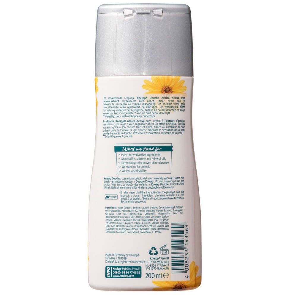 Dos du flacon de gel douche. Texte en plusieurs langues. Contient des informations sur les ingrédients et la durabilité. Logo vert.