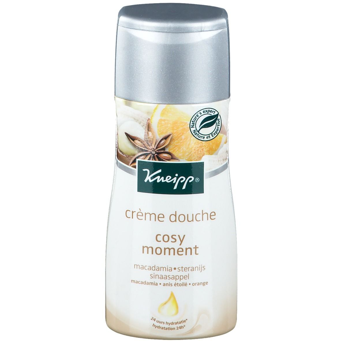 Kneipp® Crème douche Cosy Moment. Flacon blanc avec bouchon argenté. Étiquette avec nom du produit, illustrations et logo.