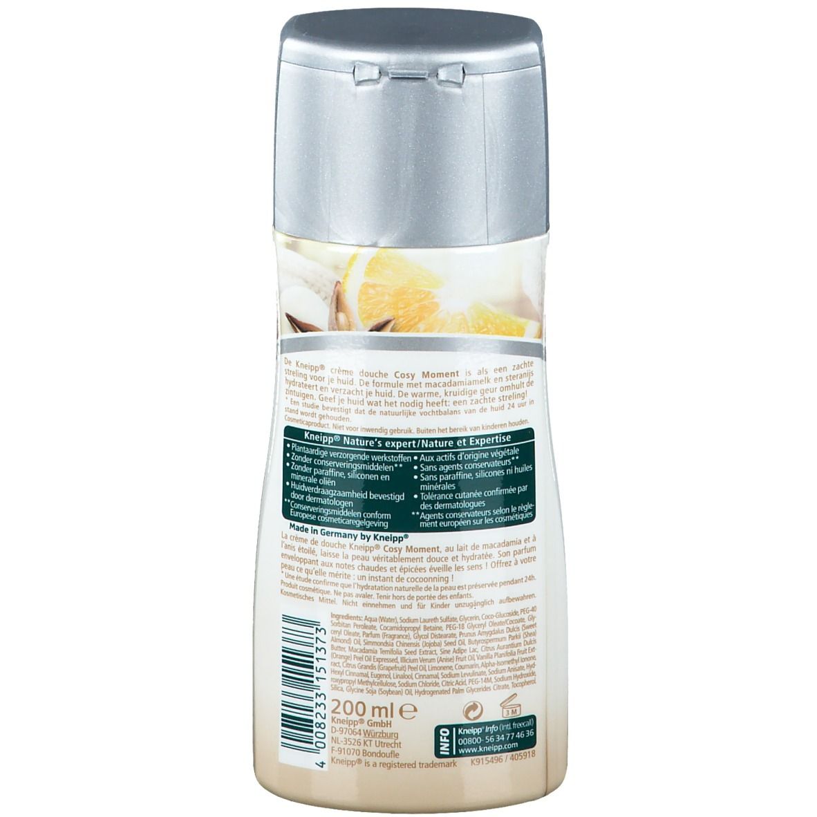 Dos de la Crème douche Kneipp® Cosy Moment. Flacon blanc avec bouchon argenté. Texte et logo sur l'étiquette.