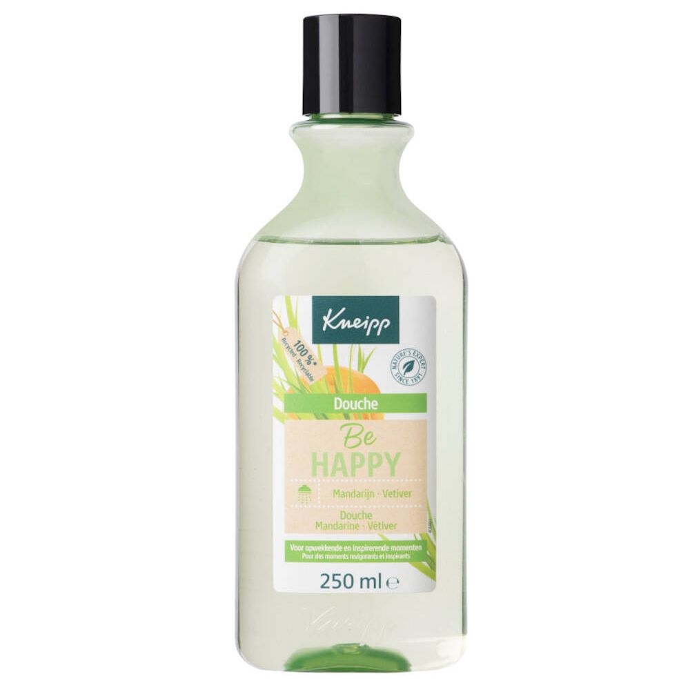 Gel douche transparent en bouteille de verre avec bouchon noir. Étiquette avec nom du produit et ingrédients.