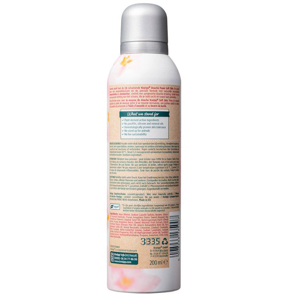 Achterkant Kneipp® Schaum-Dusche Mandelblüten Hautzart. Tekst, ingrediënten, logo's. 200ml. Recycling symbool.
