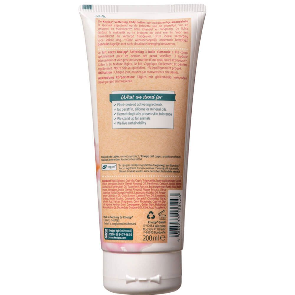 Rückseite der Körpermilch-Tube. Text: Inhaltsstoffe, vegan, 200 ml, Informationen zur Nachhaltigkeit.