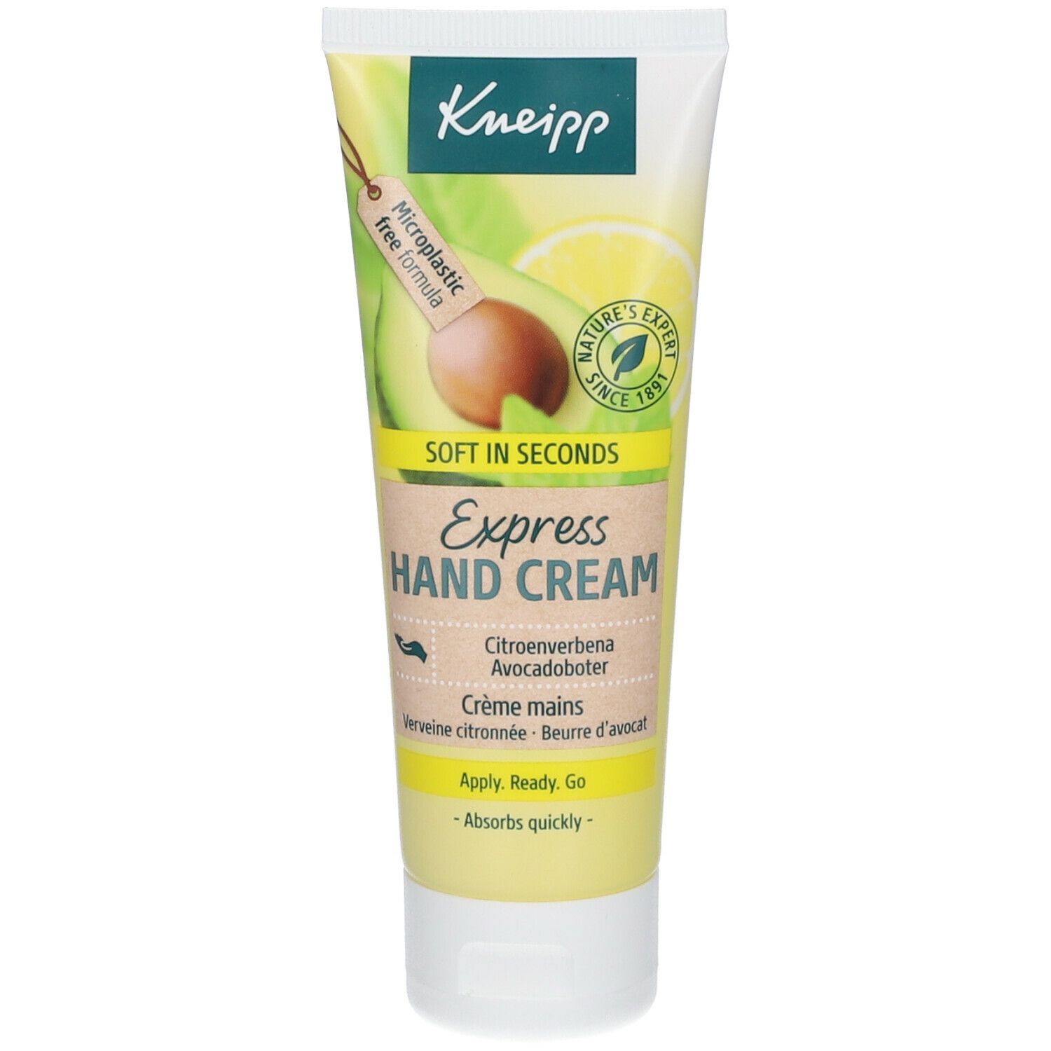 Tube de crème pour les mains, vert-jaune, avec logo Kneipp et nom du produit. Contient du citron et de l'avocat. "Microplastic free formula".