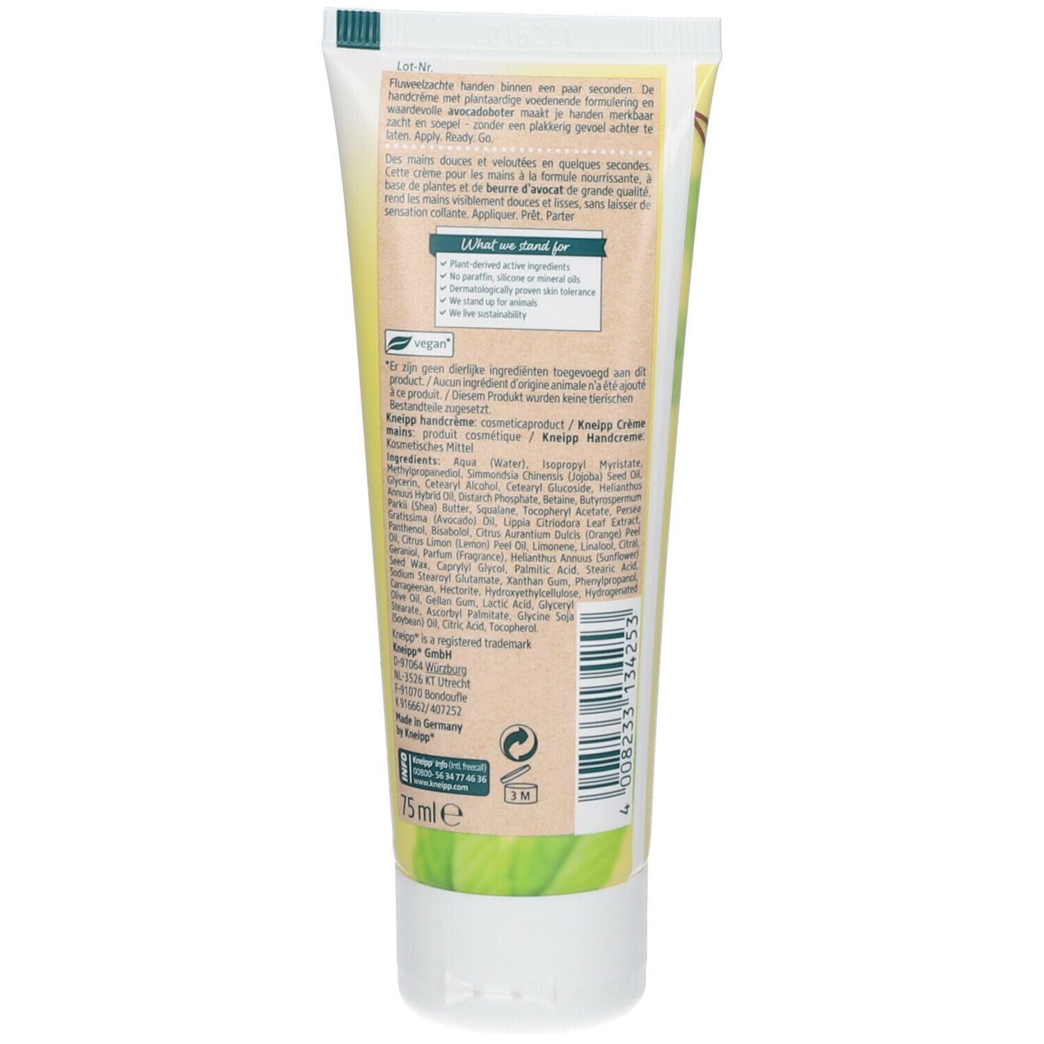 Dos du tube de crème pour les mains. Texte avec ingrédients et informations. Logo végan. 75ml.