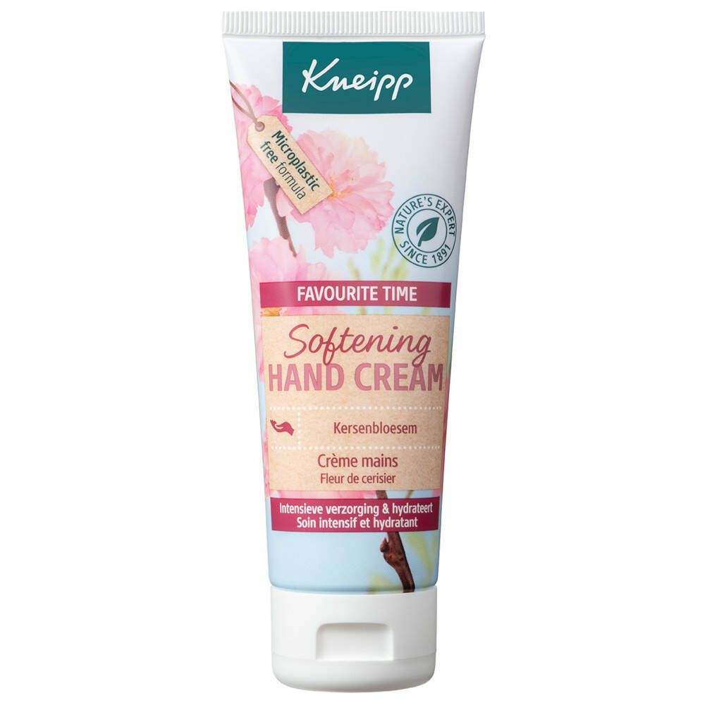 Tube de crème pour les mains avec motif fleurs de cerisier. Texte : "Softening Hand Cream", "Crème mains", "Fleur de cerisier". Logo : Kneipp.